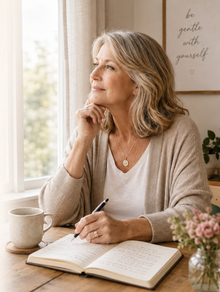 A peaceful woman journaling by a window with coffee and soft morning light